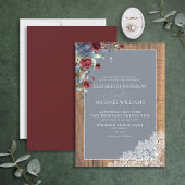 Dusty Blue Burgundy Wood Lace Script Weduwschap Kaart