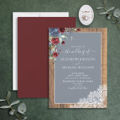 Dusty Blue Burgundy Wood Lace Script Weduwschap Kaart