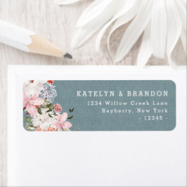 Dusty Blue Burlap Lace en Floral Return Address Etiket