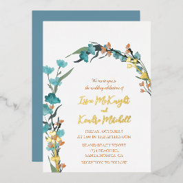 Dusty Blue Burnt Oranje waterverf Floral Folie Uitnodiging