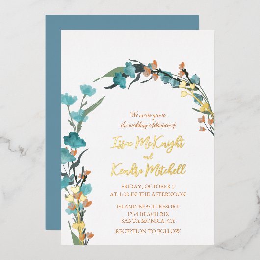 Dusty Blue Burnt Oranje waterverf Floral Folie Uitnodiging (Voorkant / Achterkant)