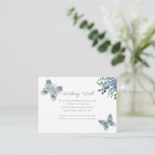 Dusty Blue Butterfly Bloemen Wishing Well Bruiloft Informatiekaartje (Staand voorkant)