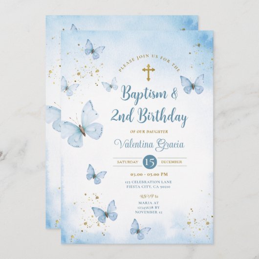 Dusty Blue Butterfly Girl 3e verjaardag doop Kaart (Voorkant / Achterkant)