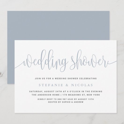 Dusty Blue  Calligrafie Trouwdouche Kaart (Voorkant / Achterkant)