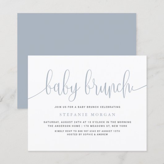 Dusty Blue Calligraphy Baby Brunch Invitation (Voorkant / Achterkant)