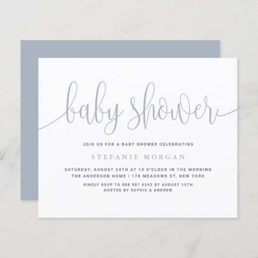 Dusty Blue Calligraphy Baby shower Invitation (Voorkant / Achterkant)