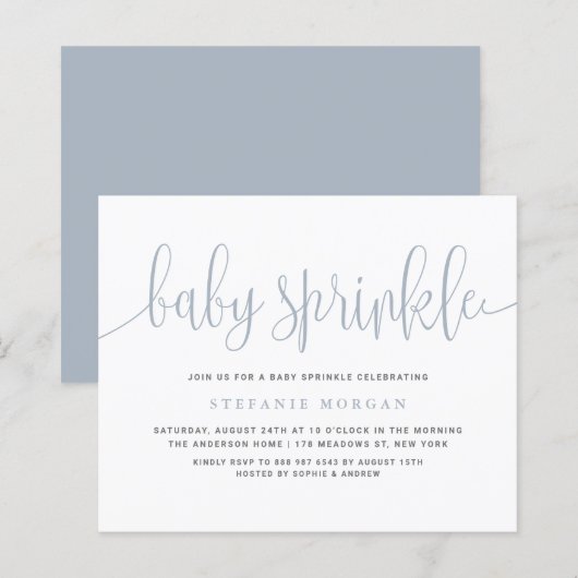 Dusty Blue Calligraphy Baby Sprinkle Invitation (Voorkant / Achterkant)