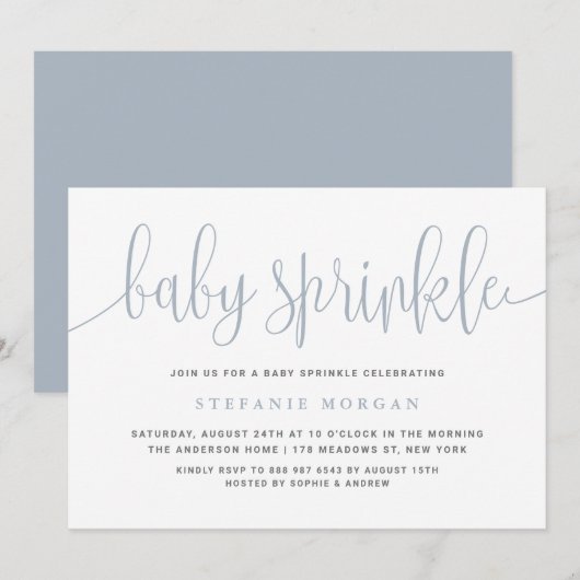 Dusty Blue Calligraphy Baby Sprinkle Kaart (Voorkant / Achterkant)
