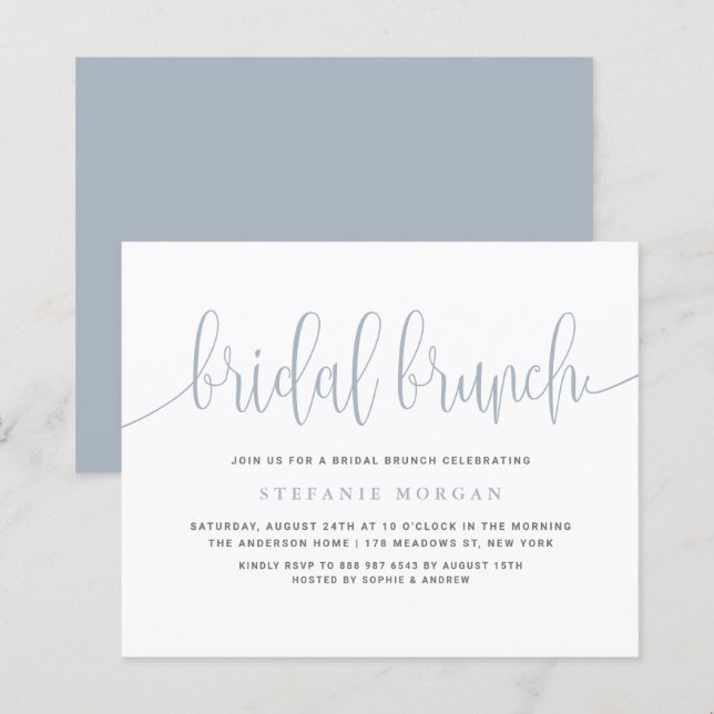 Dusty Blue Calligraphy Bruids Brunch Uitnodiging (Voorkant / Achterkant)