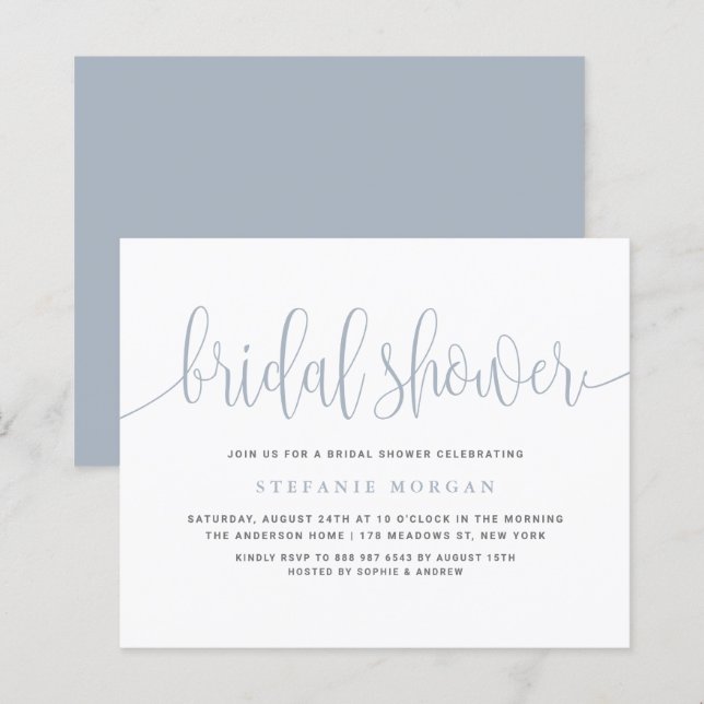 Dusty Blue Calligraphy Bruids Douche Uitnodiging (Voorkant / Achterkant)