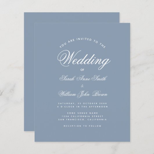 Dusty Blue Calligraphy Budget Wedding Invitation (Voorkant / Achterkant)