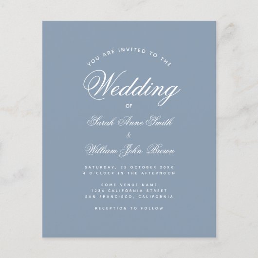 Dusty Blue Calligraphy Budget Wedding Invitation (Voorkant)