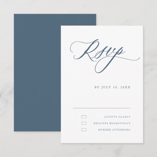 Dusty Blue Calligraphy Eenvoudige minimalistische  RSVP Kaartje (Voorkant / Achterkant)