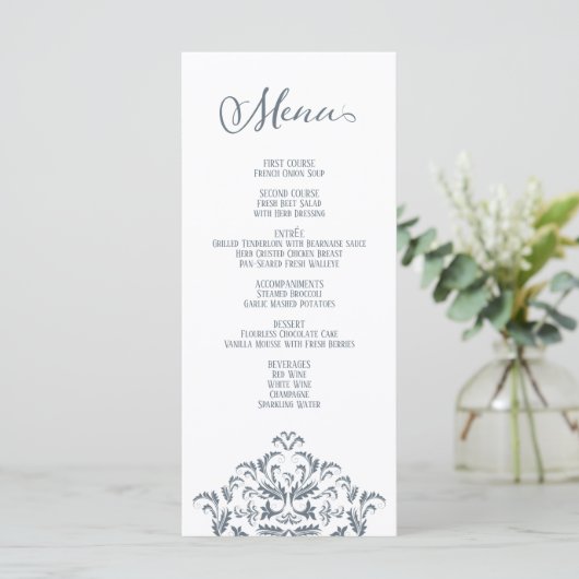 Dusty Blue  Calligraphy Elegant Dinner Menu (Staand voorkant)