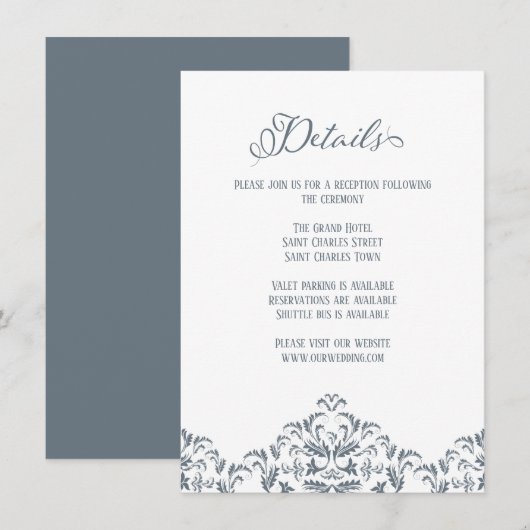 Dusty Blue Calligraphy Elegant Wedding Details Informatiekaartje (Voorkant / Achterkant)