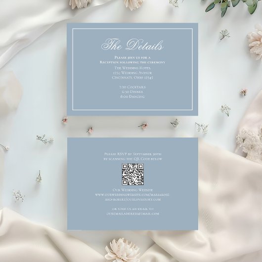 Dusty Blue Calligraphy Elegante details RSVP Informatiekaartje