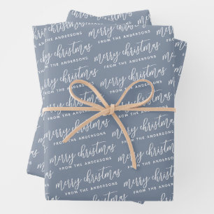 Dusty Blue Calligraphy Merry Kerstfamilie Inpakpapier Vel