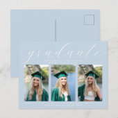 Dusty Blue Calligraphy Minimal Afstuderen 3 Foto Uitnodiging Briefkaart (Voorkant / Achterkant)