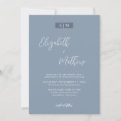 Dusty Blue Calligraphy Monogram Photo Weddenschap Kaart (Voorkant)