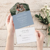 Dusty Blue Calligraphy Photo Wedding All In One Uitnodiging