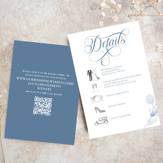 Dusty Blue Calligraphy QR Code Wedding Details Informatiekaartje