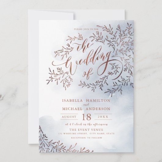 Dusty blue calligraphy rustic floral bruiloft kaart (Voorkant)