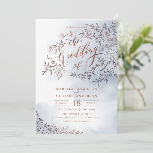 Dusty blue calligraphy rustic floral bruiloft kaart (Staand voorkant)