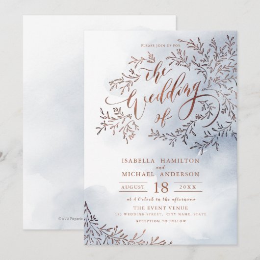 Dusty blue calligraphy rustic floral bruiloft kaart (Voorkant / Achterkant)