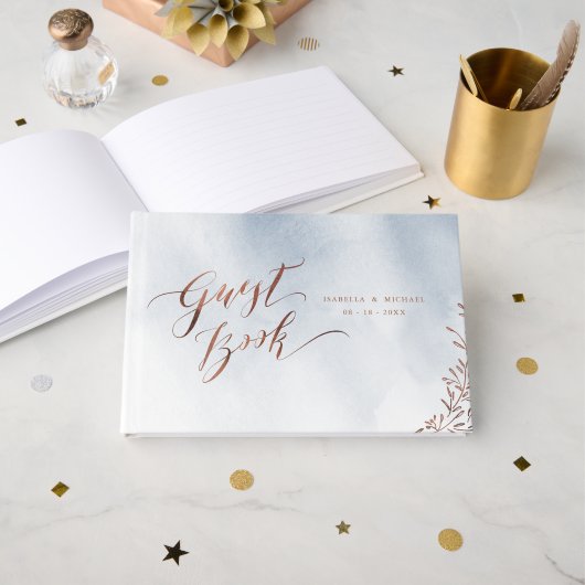 Dusty blue calligraphy rustic wedding guest book gastenboek (Voorkant open)