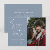 Dusty Blue Calligraphy Save the Date Weduwfoto Uitnodiging Briefkaart (Voorkant / Achterkant)