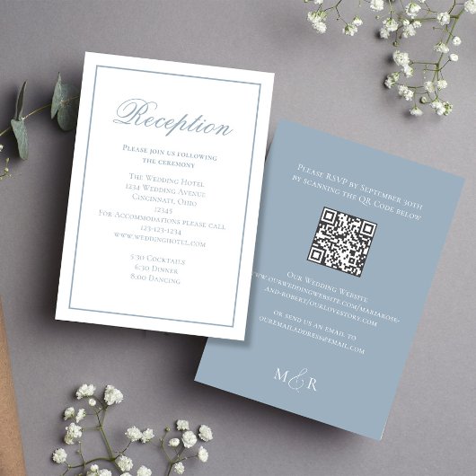 Dusty Blue Calligraphy Script Receptie RSVP Informatiekaartje