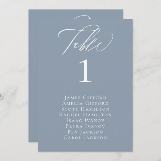 Dusty Blue Calligraphy Table Seatcard Kaart (Voorkant / Achterkant)