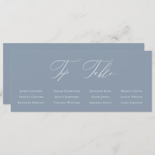 Dusty Blue Calligraphy Top Tafel Zitplaatsen Kaart (Voorkant / Achterkant)