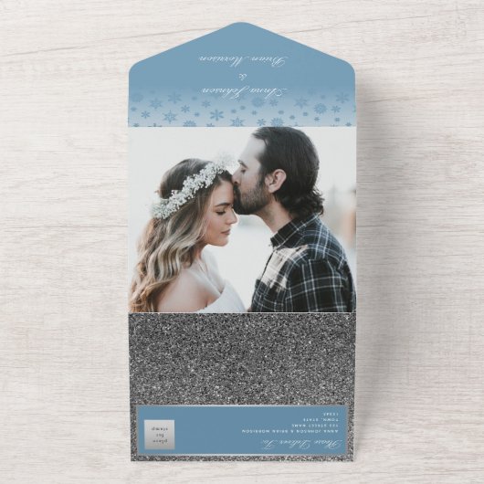 Dusty Blue Calligraphy Wedding All In One Uitnodiging (Buitenkant)