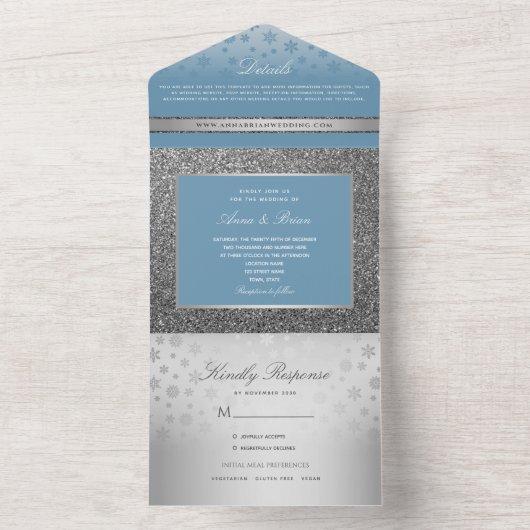 Dusty Blue Calligraphy Wedding All In One Uitnodiging (Binnen)