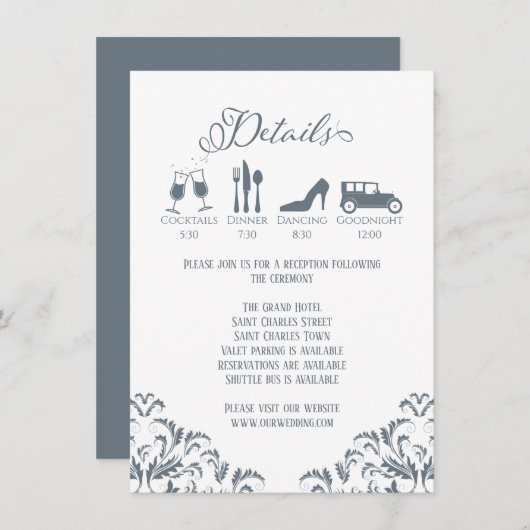 Dusty Blue Calligraphy Wedding Details Elegant Informatiekaartje (Voorkant / Achterkant)