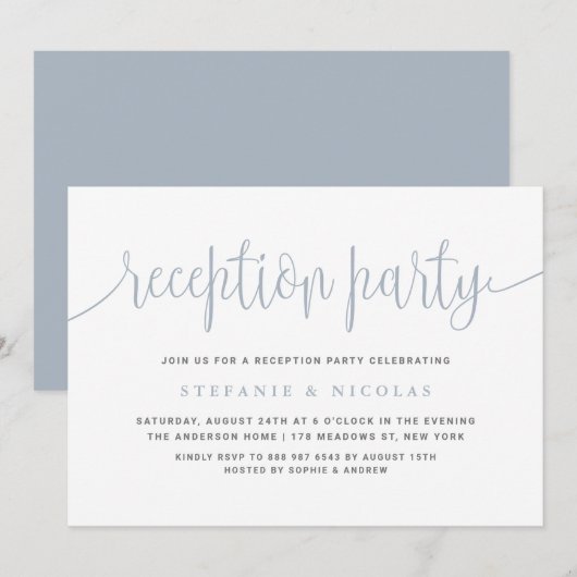 Dusty Blue Calligraphy Wedding Reception Party Kaart (Voorkant / Achterkant)