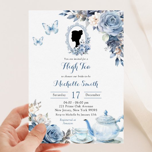 Dusty Blue Cameo English Afternoon Tea Uitnodiging
