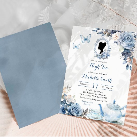 Dusty Blue Cameo English Afternoon Tea Uitnodiging