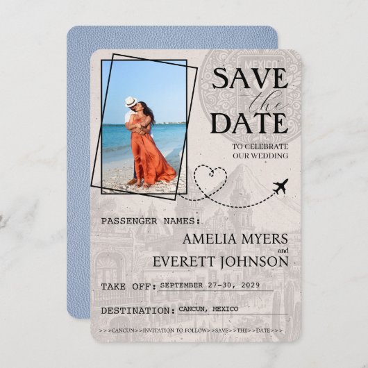 Dusty Blue Cancun Passport Bewaar de datum Save The Date (Voorkant / Achterkant)