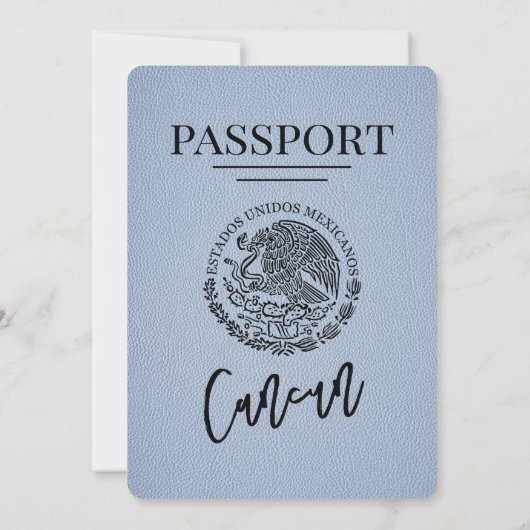 Dusty Blue Cancun Passport Wedding Kaart (Achterkant)