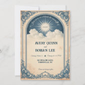 Dusty Blue Celestial Wedding Invitation Aged Paper Kaart (Voorkant)