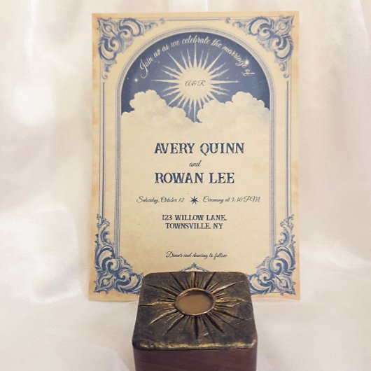 Dusty Blue Celestial Wedding Invitation Aged Paper Kaart