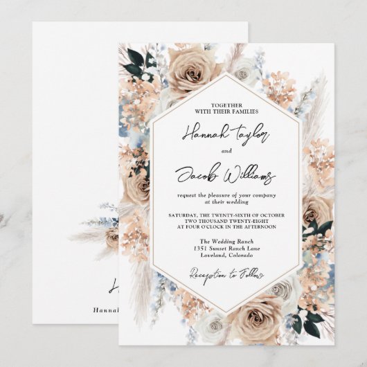 Dusty Blue Champagne Floral Wedding Kaart (Voorkant / Achterkant)