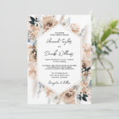 Dusty Blue Champagne Floral Wedding QR Code RSVP Kaart (Staand voorkant)