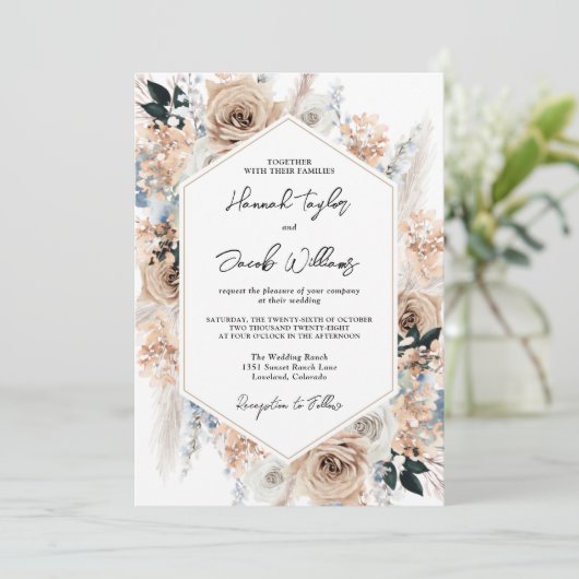 Dusty Blue Champagne Floral Wedding QR Code RSVP Kaart (Staand voorkant)