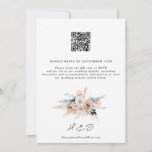 Dusty Blue Champagne Floral Wedding QR Code RSVP Kaart (Achterkant)