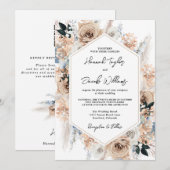 Dusty Blue Champagne Floral Wedding QR Code RSVP Kaart (Voorkant / Achterkant)