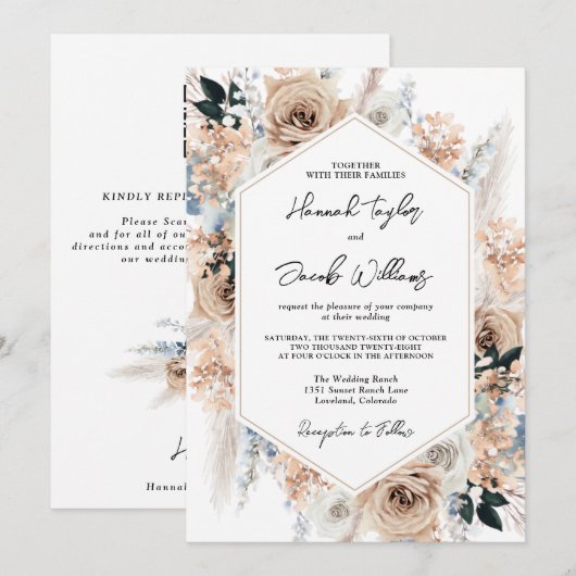 Dusty Blue Champagne Floral Wedding QR Code RSVP Kaart (Voorkant / Achterkant)