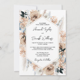 Dusty Blue Champagne Floral Wedding QR Code RSVP Kaart